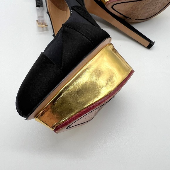 CHARLOTTE OLYMPIA Heels Womens 37 Black Gold Satin Pump Platform Ankle Strap - Picture 10 of 15